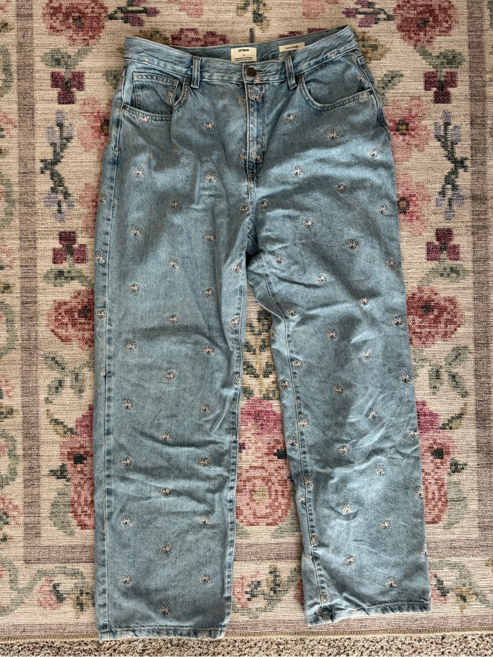 Cotton On Loose Straight Embroidered Bow Jeans